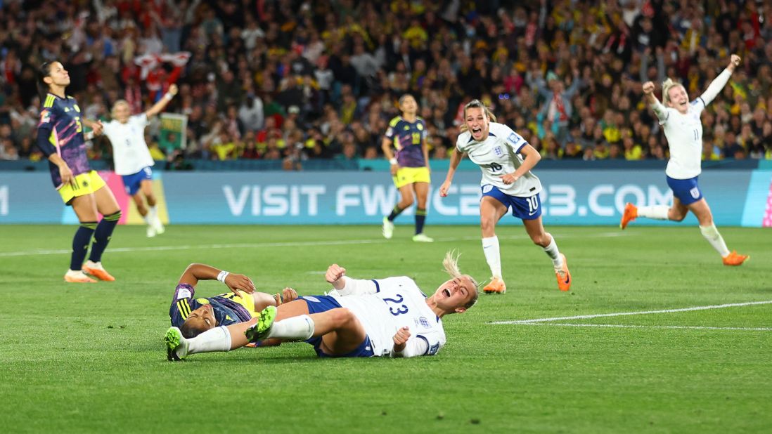 Alessia Russo, bottom, celebrates after scoring England's second goal in the <a href="https://www.cnn.com/2023/08/12/football/england-colombia-womens-world-cup-2023-spt-intl/index.html" target="_blank">2-1 over Colombia</a> in the quarterfinals on August 12.