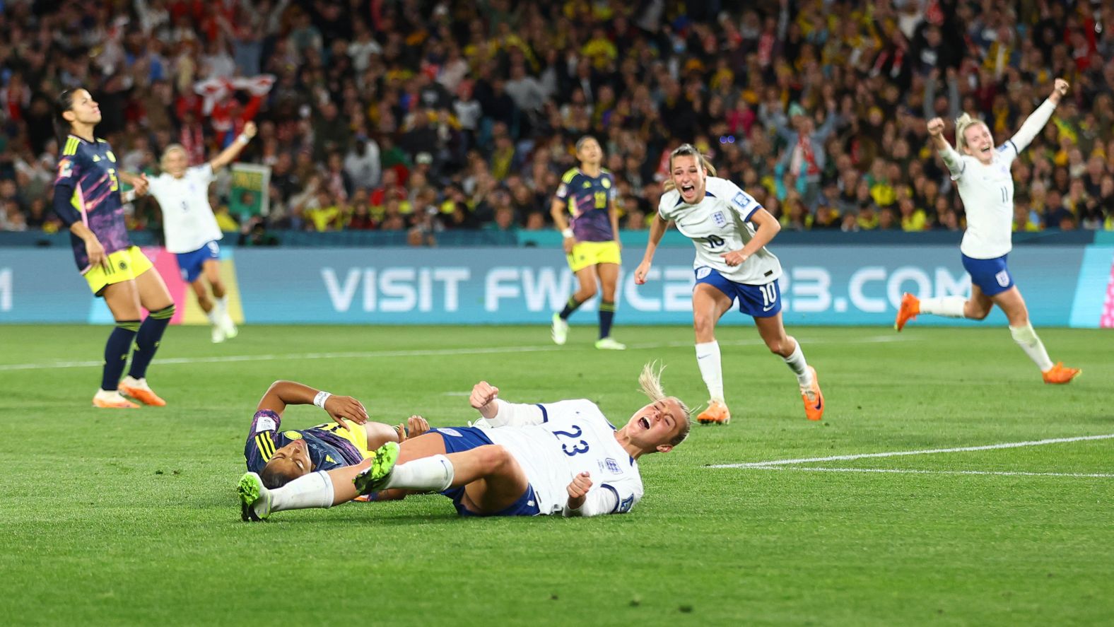 Alessia Russo, bottom, celebrates after scoring England's second goal in the <a href="index.php?page=&url=https%3A%2F%2Fwww.cnn.com%2F2023%2F08%2F12%2Ffootball%2Fengland-colombia-womens-world-cup-2023-spt-intl%2Findex.html" target="_blank">2-1 over Colombia</a> in the quarterfinals on August 12.