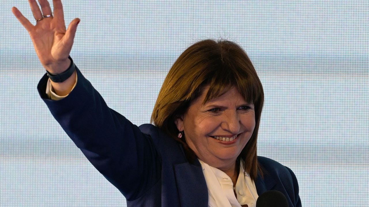 Argentine presidential pre-candidate for the Juntos por el Cambio party, Patricia Bullrich, greets supporters after defeating Horacio Rodriguez Larreta.