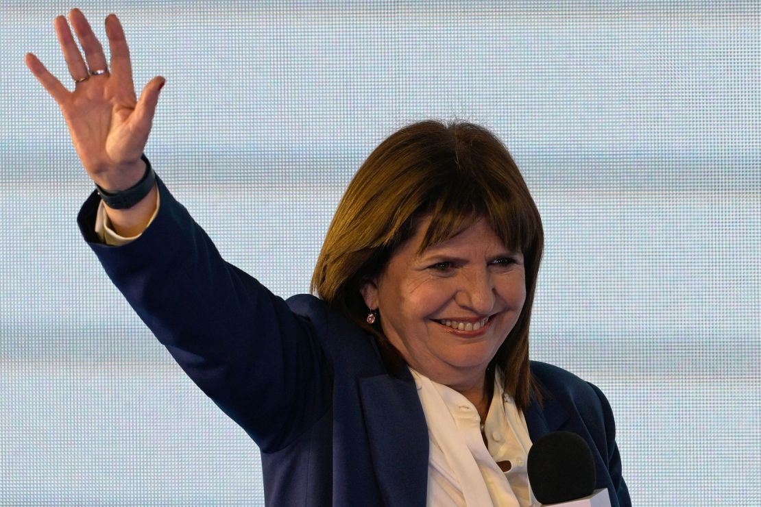 Argentine presidential pre-candidate for the Juntos por el Cambio party, Patricia Bullrich, greets supporters after defeating Horacio Rodriguez Larreta.