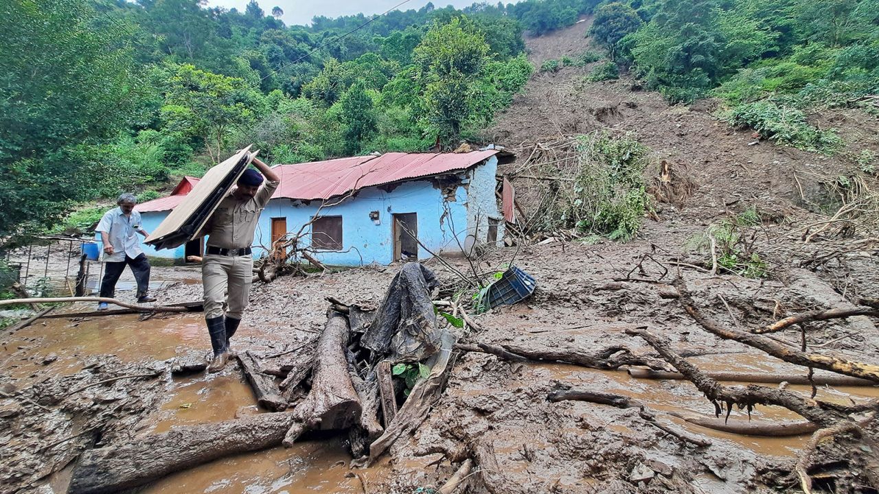 Heavy rains caused a landslide in Jadon village in Solan district of India's Himachal Pradesh state on August 14, 2023.
