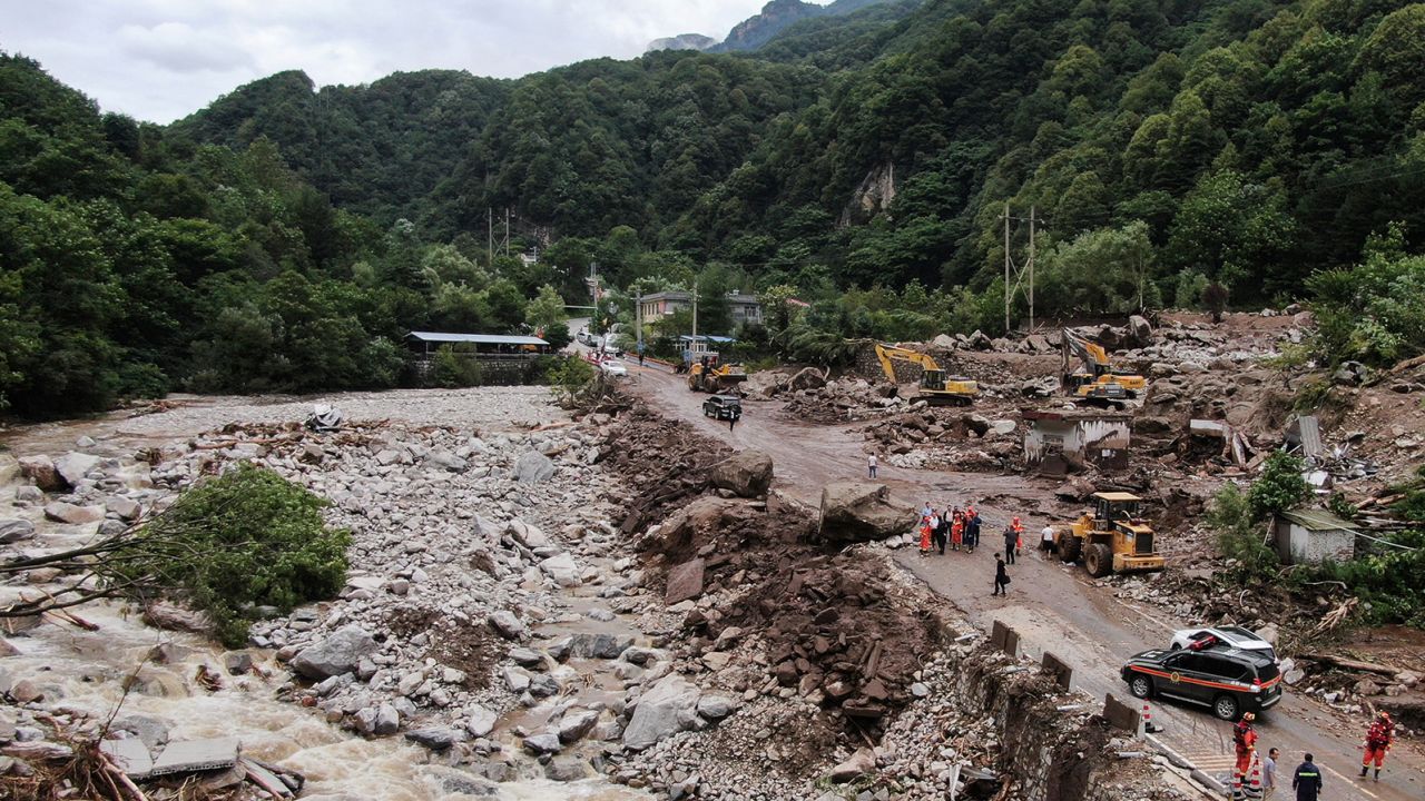 An aerial photo released by state new agency Xinhua shows the aftermath of a mudslide in Weiziping village in Xi'an city's Chang'an district on \August 12, 2023. 