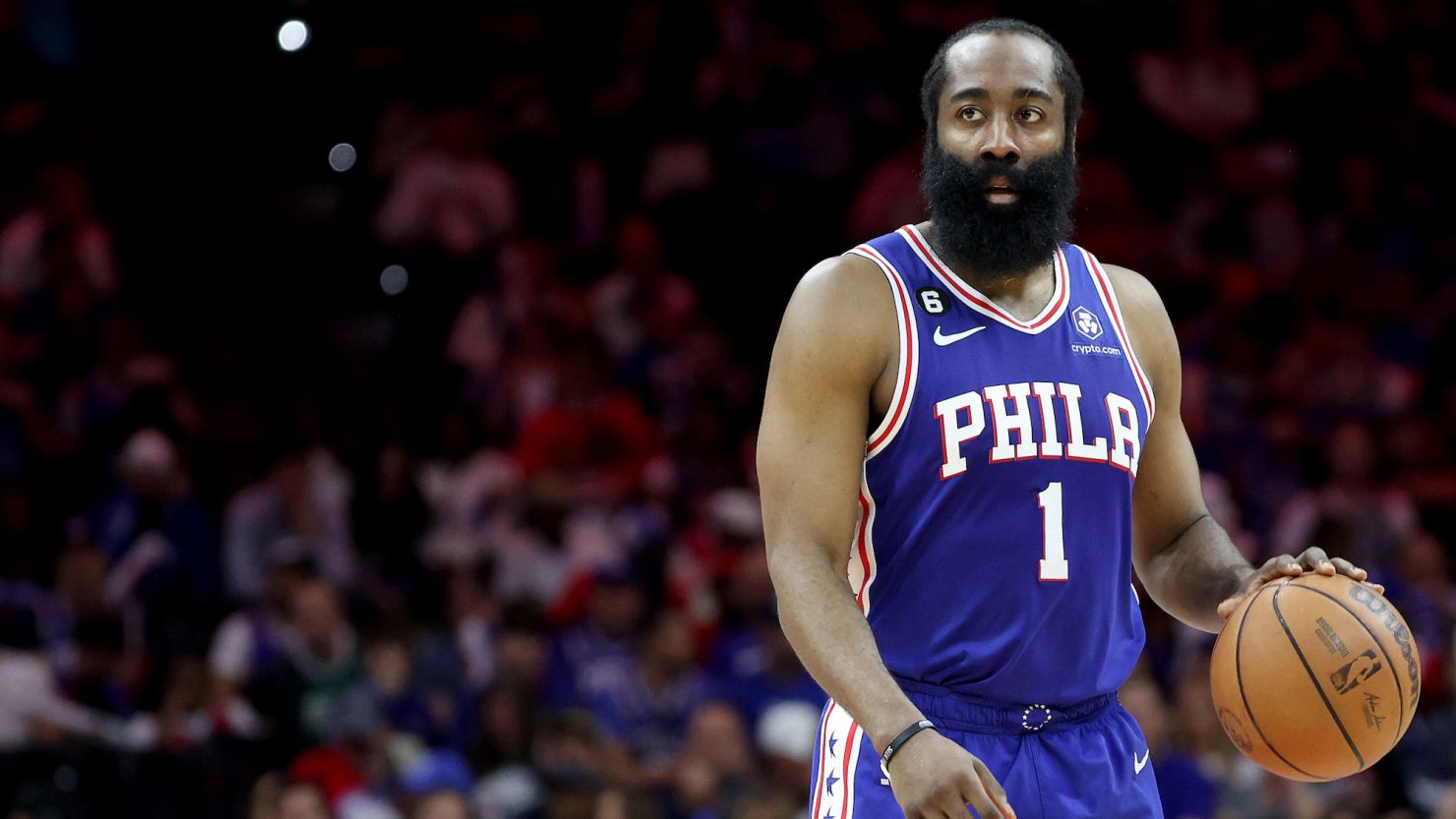 James Harden of the Philadelphia 76ers playing in the Eastern Conference Semifinals in the 2023 NBA Playoffs at Wells Fargo Center in Philadelphia, Pennsylvania, on May 11, 2023.