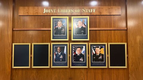 The wall at the Pentagon featuring the Joint Chiefs of Staff. Three of the positions are vacant due to GOP Sen. Tommy Tuberville's hold on Senate-confirmed officers.
