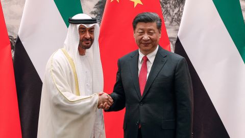 UAE President Sheikh Mohammed bin Zayed Al Nahyan, shakes hands with Chinese President Xi Jinping in Beijing in July 2019. 