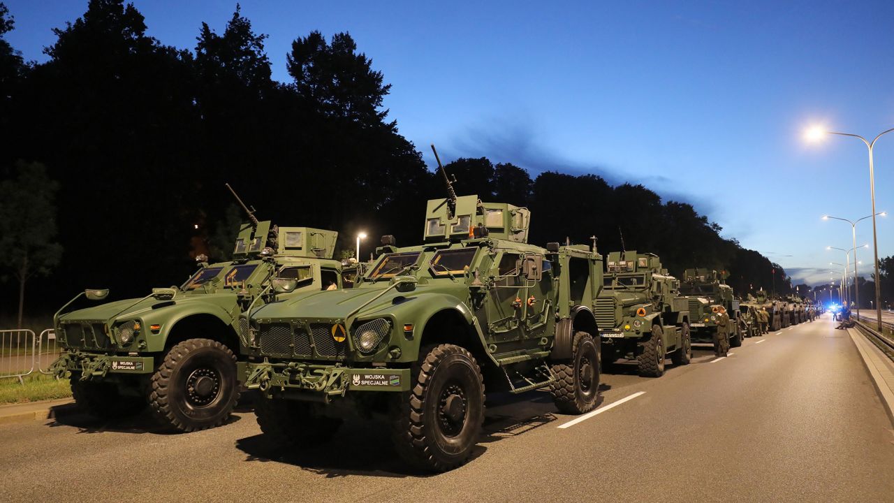 Polish military vehicles are seen during a Saturday rehearsal for this week's parade in Warsaw.