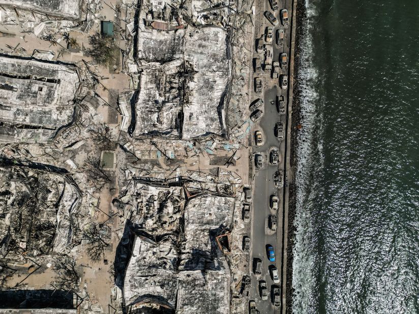 This aerial photo shows the shells of burned houses, vehicles and buildings in Lahaina on August 11.
