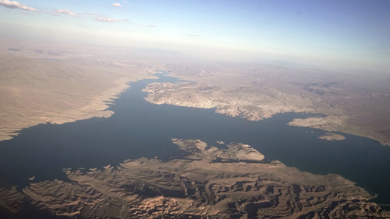 A general overall aerial view of Lake Mead along the Nevada and Arizona border, Tuesday, July 11, 2023. (Kirby Lee via AP)