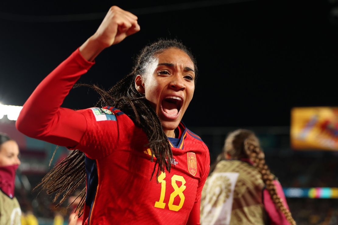 Salma Paralluelo of Spain celebrates after scoring the opening goal. 