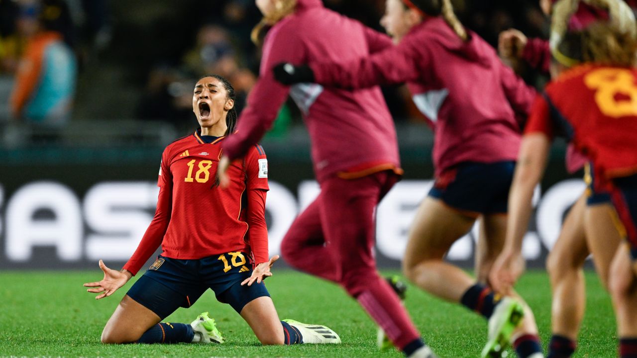 Spain's Salma Paralluelo celebrates as her teammates run onto the pitch after defeating Sweden in the Women's World Cup semifinal.