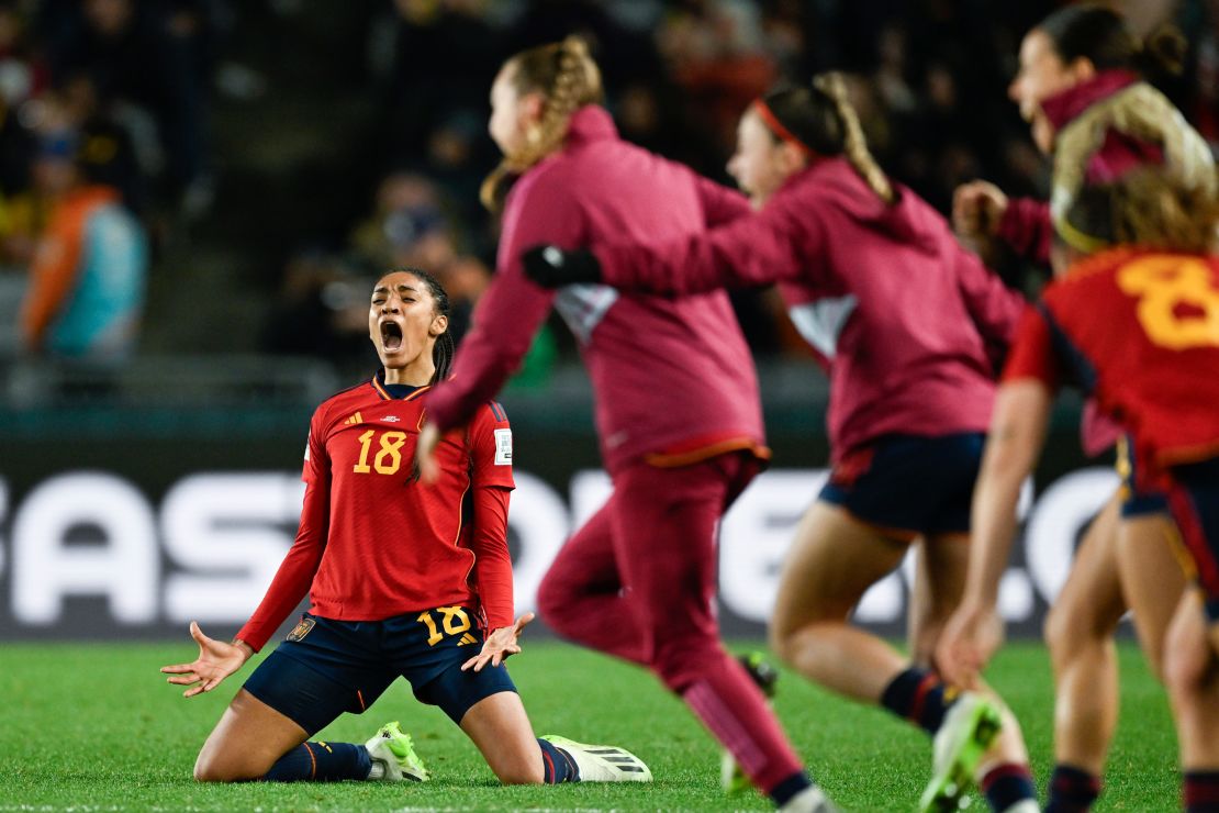 Spain's Salma Paralluelo celebrates after reaching the World Cup final.