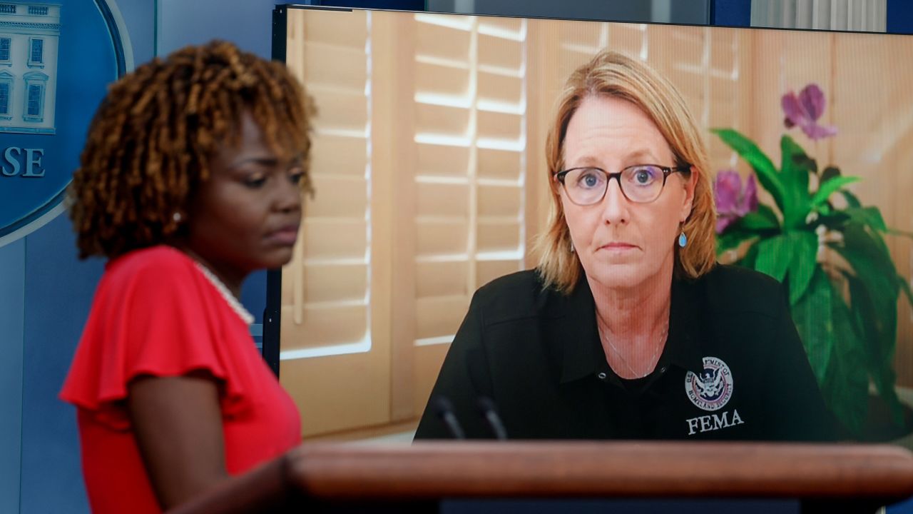 Federal Emergency Management Agency Administrator Deanne Criswell speaks via video during a news briefing with White House press secretary Karine Jean-Pierre at the White House on August 14, 2023 in Washington, DC. 