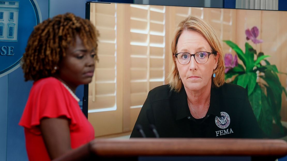 Federal Emergency Management Agency Administrator Deanne Criswell speaks via video during a news briefing with White House press secretary Karine Jean-Pierre at the White House on August 14, 2023 in Washington, DC.