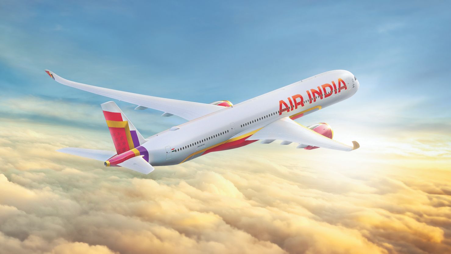 A rendering of an Air India plane bearing the airline's custom font and new color scheme.