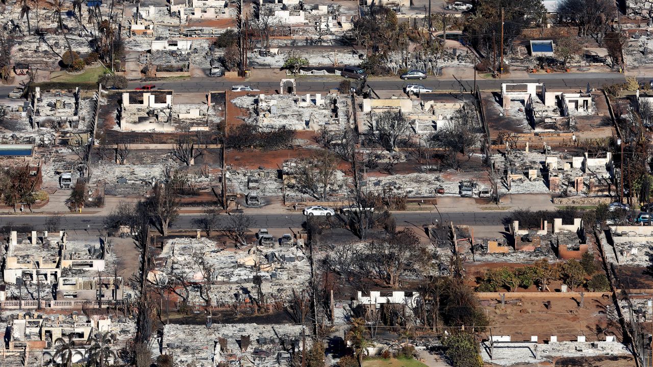 In an aerial view, homes and businesses are seen that were destroyed by a wildfire on August 11, 2023 in Lahaina, Hawaii. 