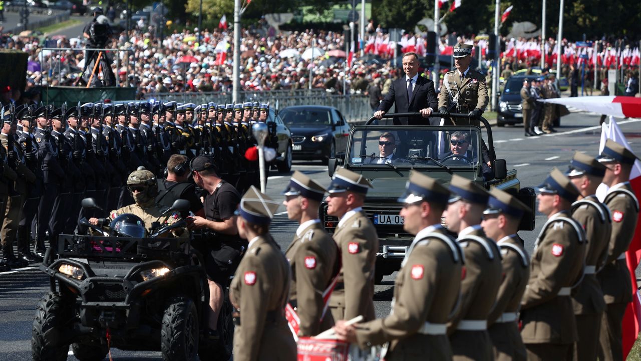 Polish President Andrzej Duda arrives for the military parade in Warsaw on Armed Forces Day on August 15.
