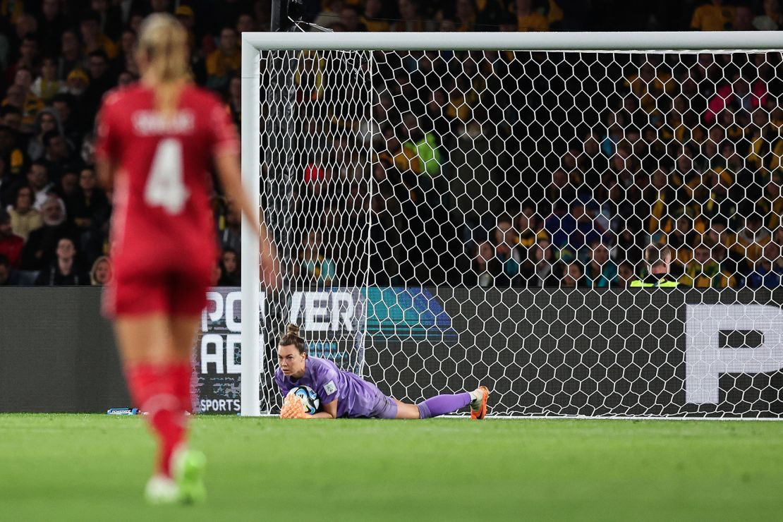 Mackenzie Arnold of Australia in action during the FIFA Women's World Cup  match between Australia and Denmark.