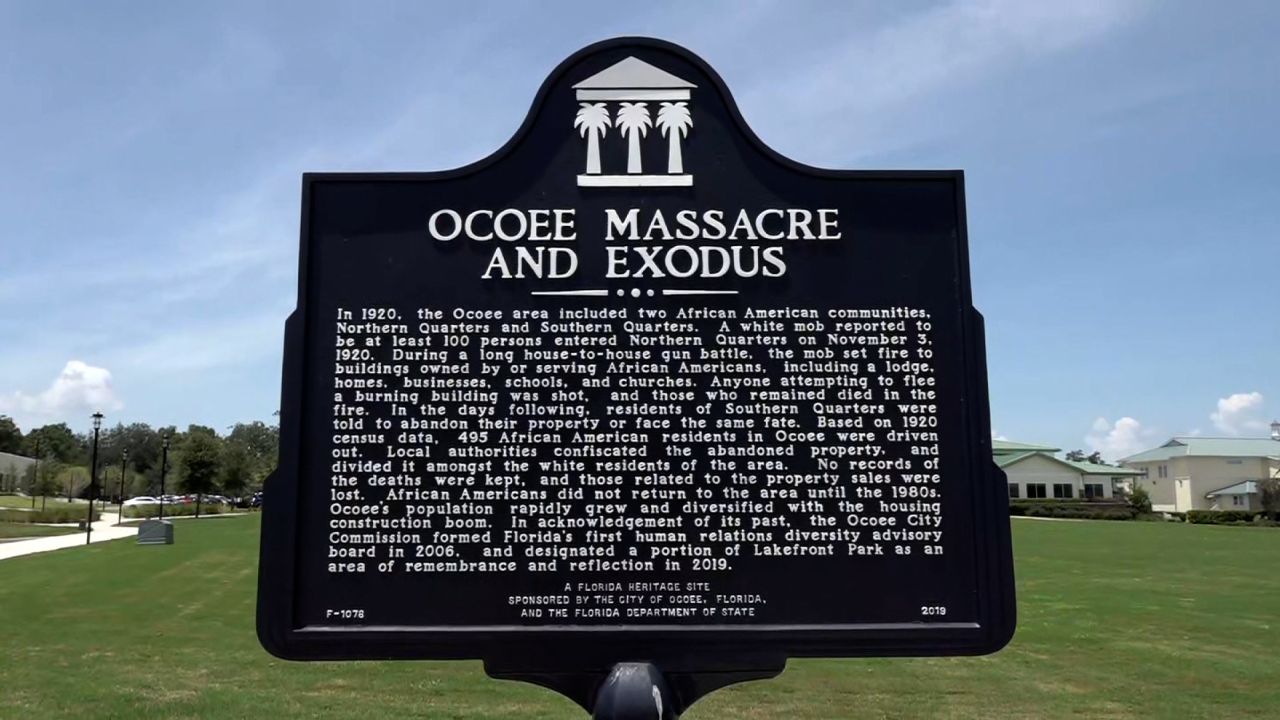A marker commemorates the Ocoee Race Massacre, during which a White mob attacked and killed Black Ocoee residents.