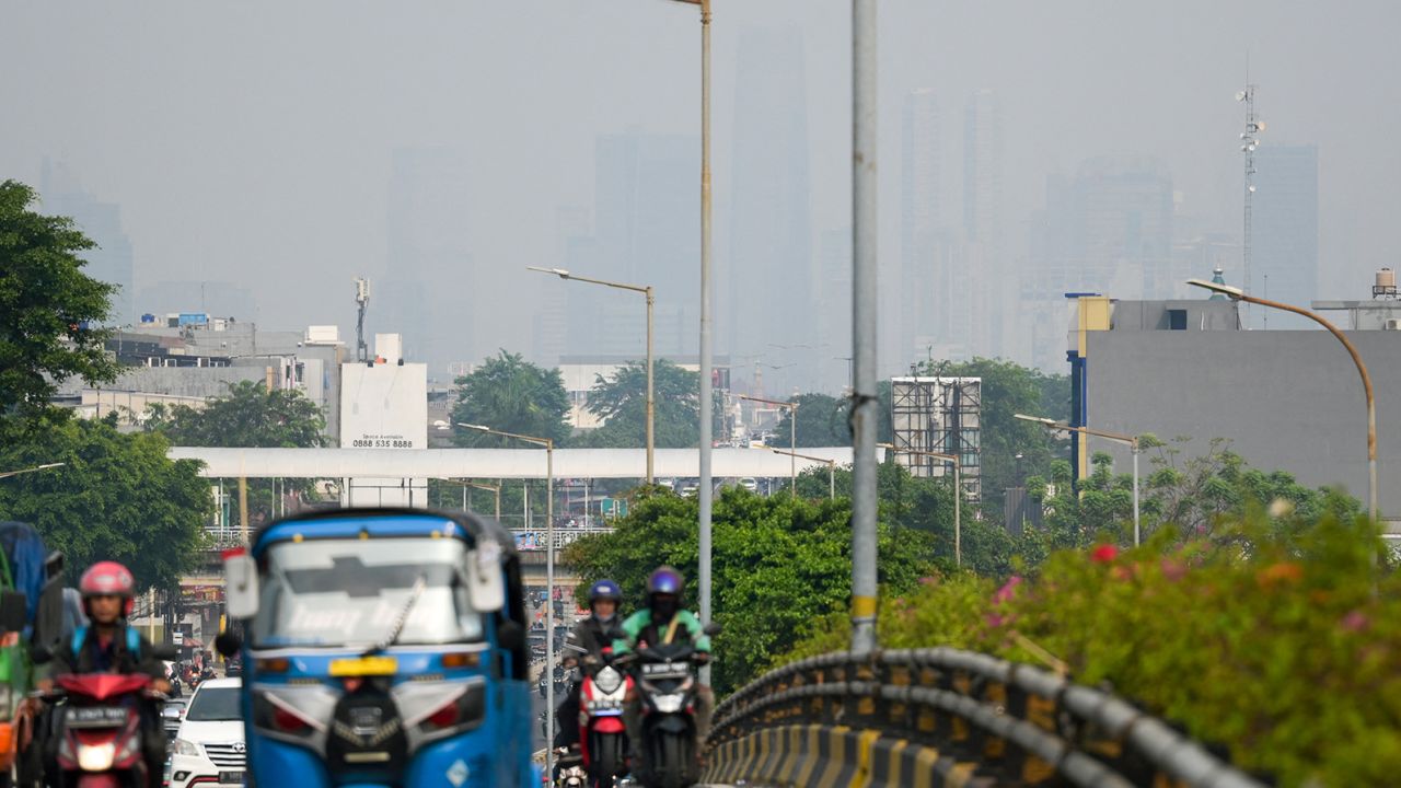 Air pollution obscures the Jakarta skyline on August 11, 2023. 