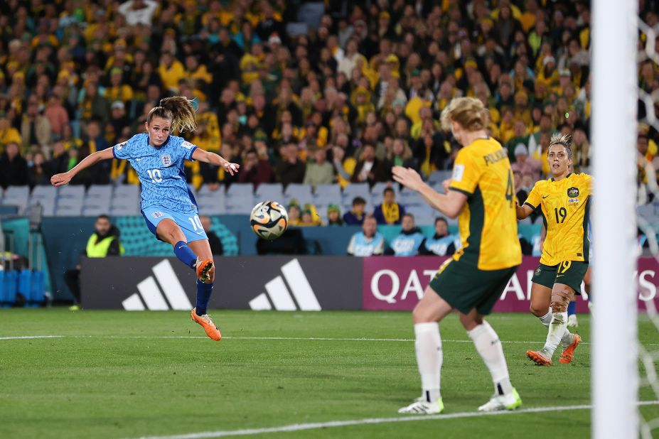 English midfielder Ella Toone scores the opener against Australia.