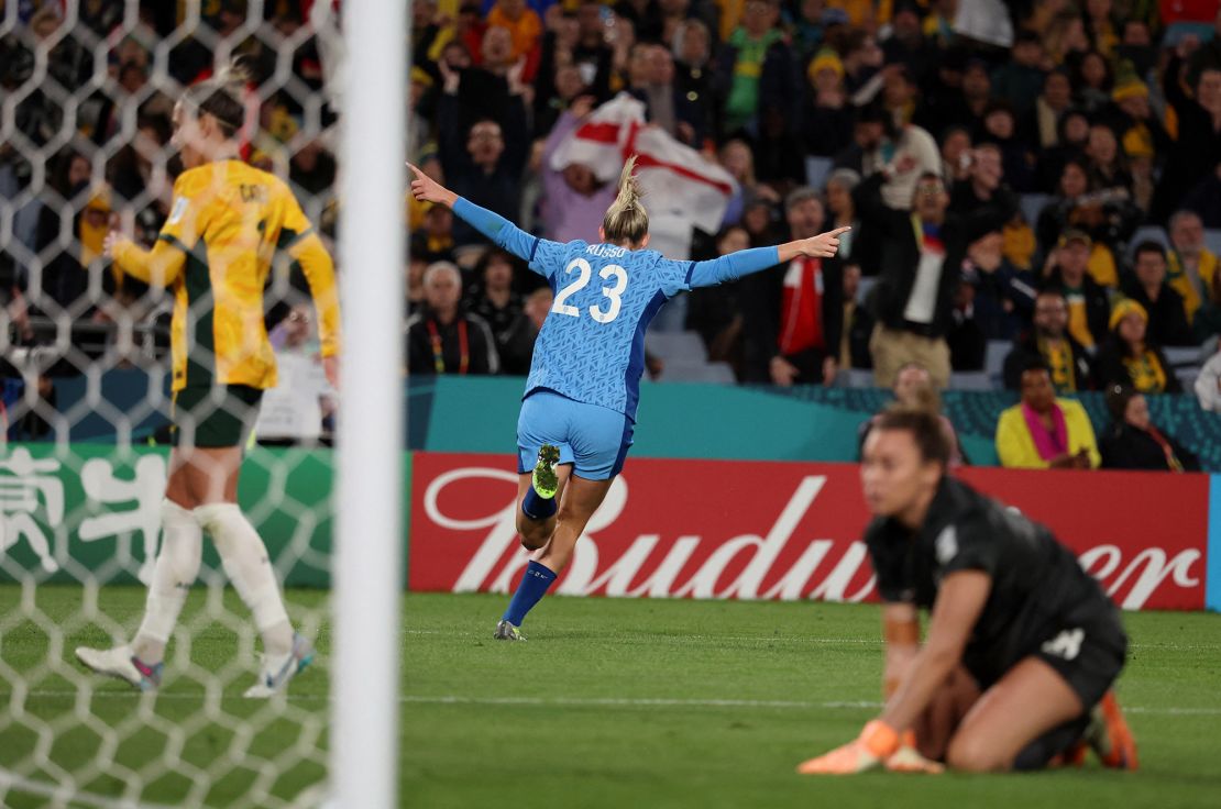 England's Alessia Russo celebrates scoring their third goal in Sydney on Wednesday.