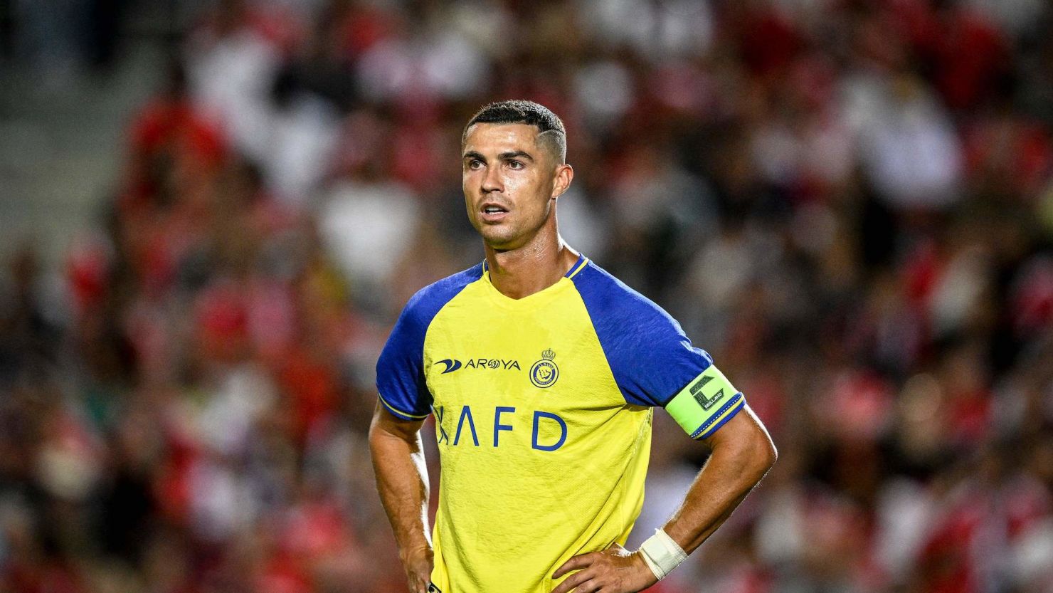 Al Nassr's Portuguese forward Cristiano Ronaldo looks on during the Algarve Cup football match between Al Nassr and SL Benfica at Algarve stadium in Loule on July 20, 2023. (Photo by Patricia DE MELO MOREIRA / AFP) (Photo by PATRICIA DE MELO MOREIRA/AFP via Getty Images)