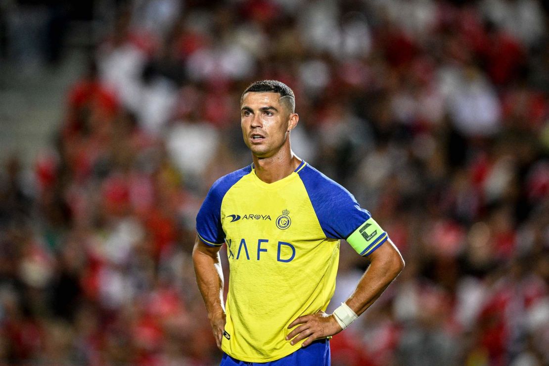 Al Nassr's Portuguese forward Cristiano Ronaldo looks on during the Algarve Cup football match between Al Nassr and SL Benfica at Algarve stadium in Loule on July 20, 2023. (Photo by Patricia DE MELO MOREIRA / AFP) (Photo by PATRICIA DE MELO MOREIRA/AFP via Getty Images)
