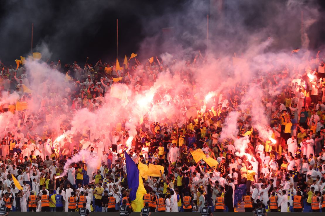 TAIF, SAUDI ARABIA - AUGUST 03: Fans of Al Nassr show their support during the Arab Club Champions Cup Group C match between Al Nassr and Zamalek at the King Fahd Sports City in Taif, Saudi Arabia on August 03, 2023. (Photo by Stringer/Anadolu Agency via Getty Images)