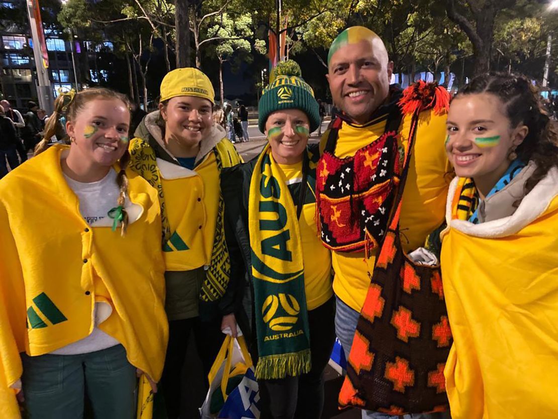 (From left to right) Lucy, Davara, Skye, Harold and Ayva Marshall were sad to see the Matildas lose, but are still proud of their team.