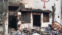 View of a burnt church on the outskirts of Faisalabad on August 16, 2023, following an attack by Muslim men after a Christian family was accused of blasphemy. Hundreds of Muslim men set fire to four churches and vandalised a cemetery during a rampage in eastern Pakistan on August 16, officials said, after a Christian family was accused of blasphemy. (Photo by Ghazanfar MAJID / AFP) (Photo by GHAZANFAR MAJID/AFP via Getty Images)