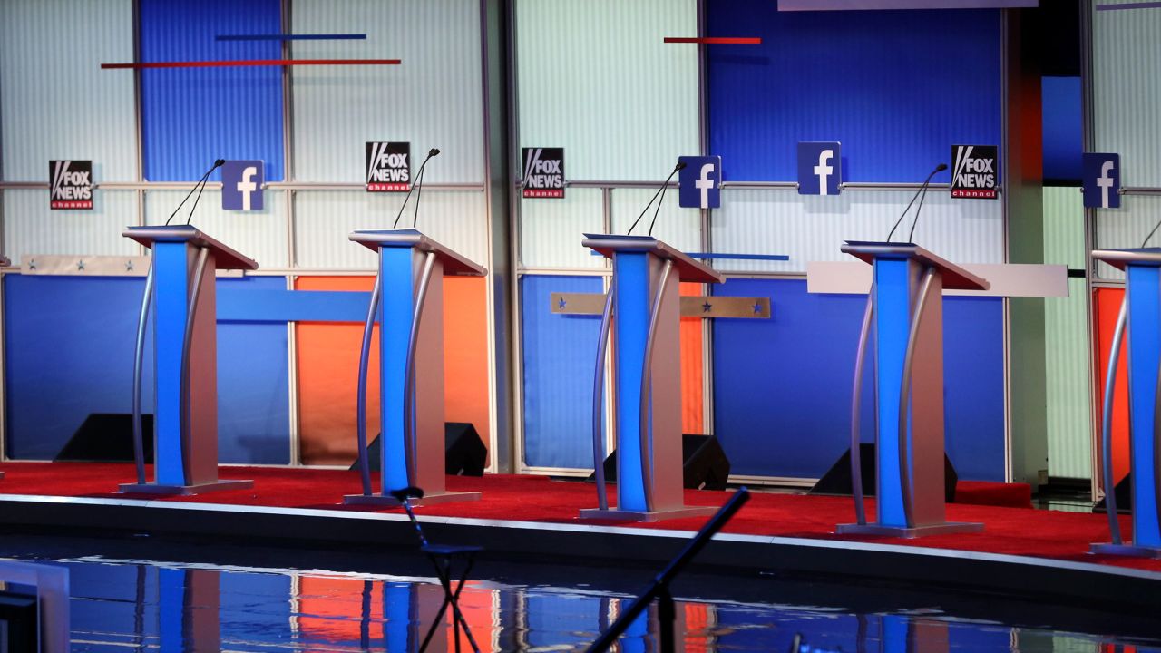 In this August 2015 photo, the stage is set for the first Republican presidential primary debate, at the Quicken Loans Arena in Cleveland, Ohio.