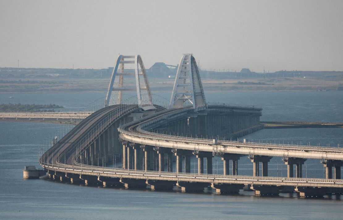The bridge connecting the Russian mainland with the Crimean peninsula across the Kerch Strait in July 2023.