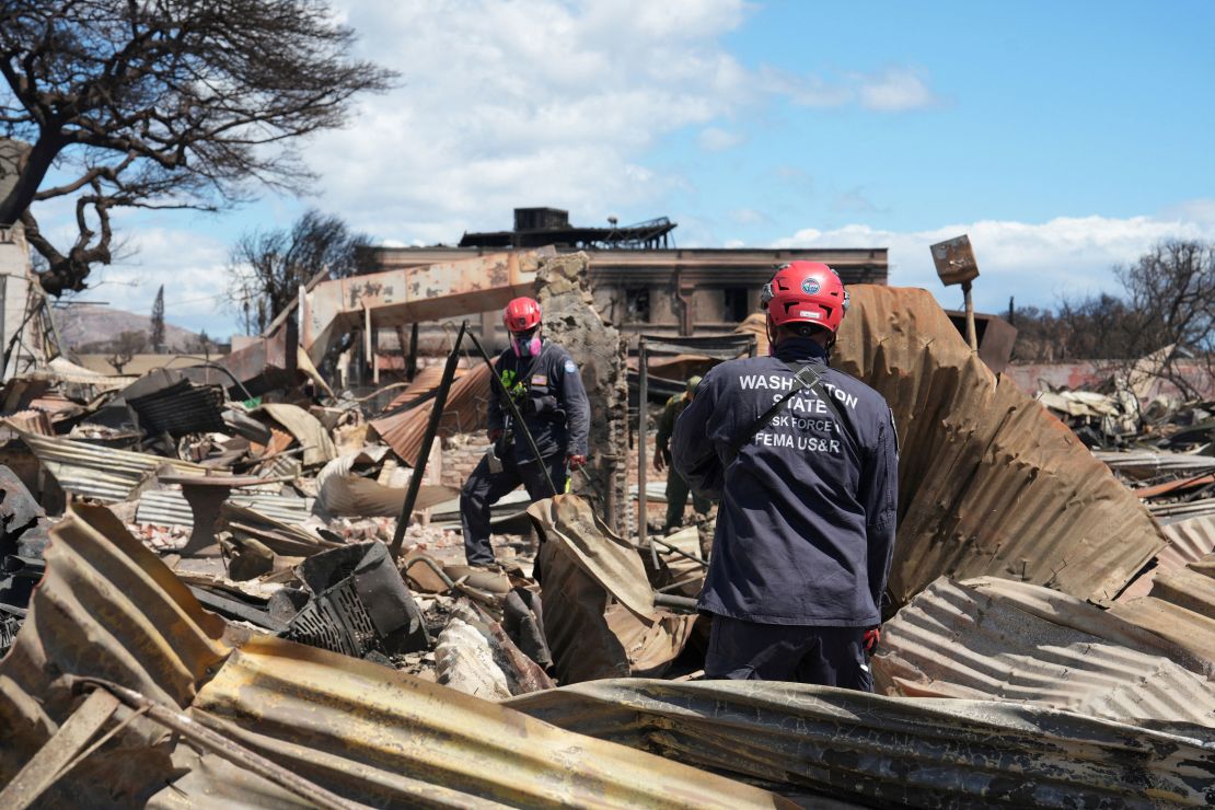 Anggota tim Pencarian dan Penyelamatan Perkotaan FEMA Satuan Tugas Washington 1 dan Satuan Tugas 1 Nevada terus melakukan pencarian melalui lingkungan yang hancur di kota Maui, Lahaina, Hawaii, AS 13 Agustus 2023. Dominick Del Vecchio/FEMA/Handout melalui REUTERS.  GAMBAR INI TELAH DISEDIAKAN OLEH PIHAK KETIGA.