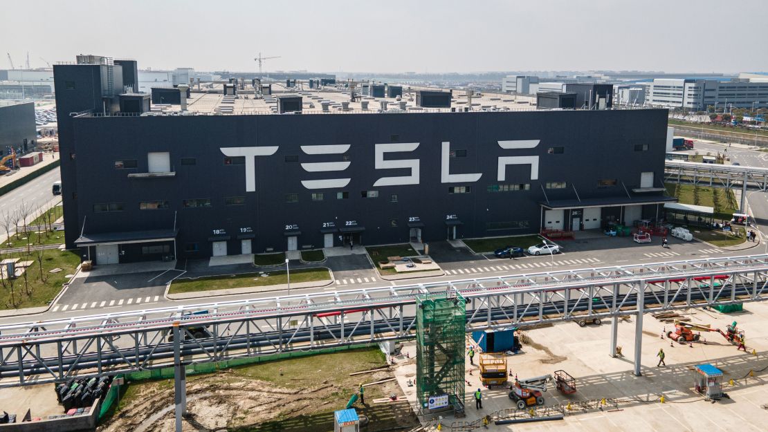 SHANGHAI,CHINA - MARCH 29:  An aerial view of Tesla Shanghai Gigafactory on March 29, 2021 in Shanghai, China. Tesla Shanghai Gigafactory is reportedly producing vehicles at a rate of about 450,000 cars per year. (Photo by Xiaolu Chu/Getty Images)