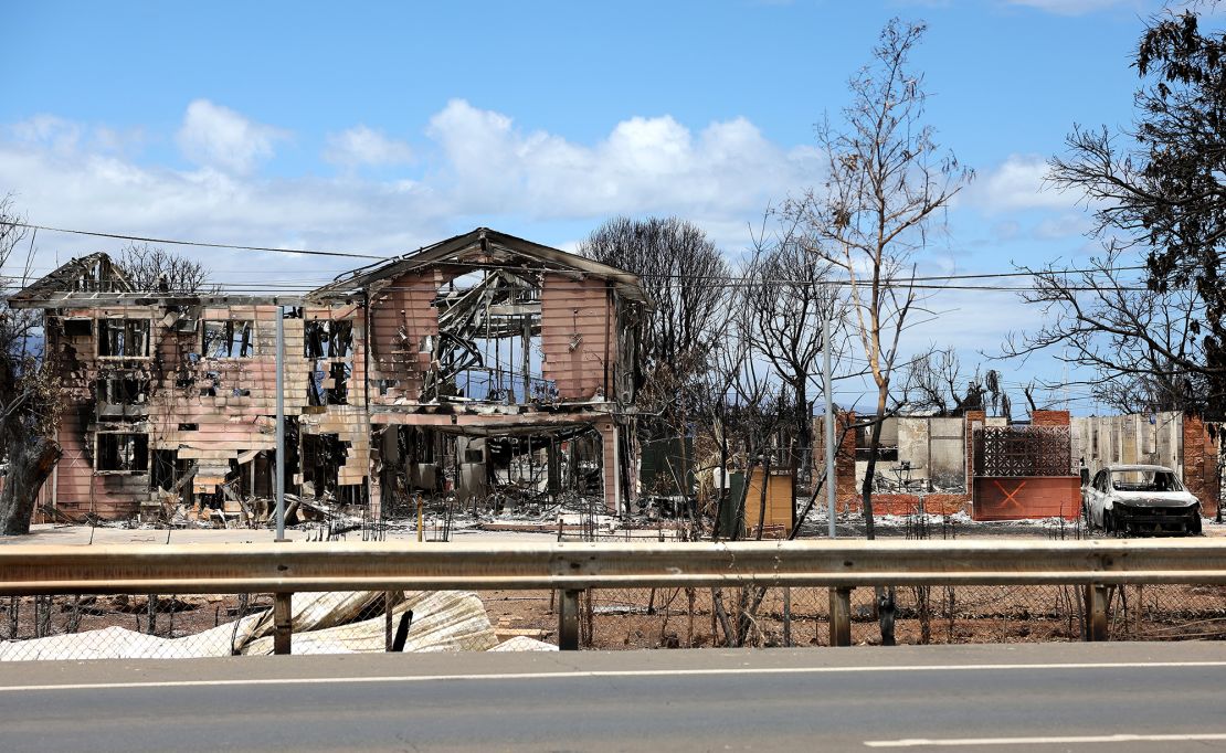 A view of a neighborhood that was destroyed by a wildfire on August 16, 2023 in Lahaina, Hawaii. 