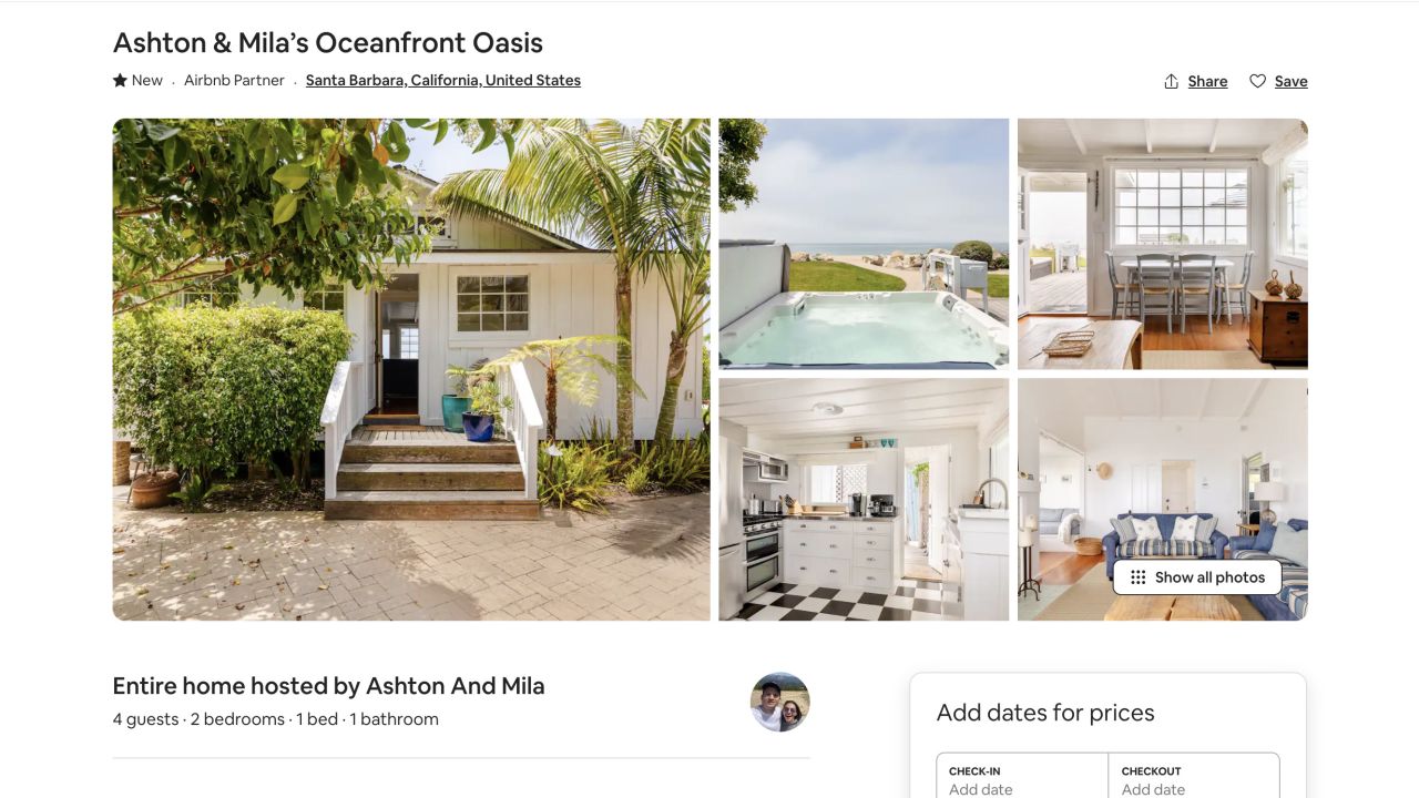 Обявата в Airbnb съдържа поредица от снимки на къщата на плажа.