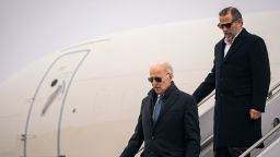 President Joe Biden and his son, Hunter Biden, arrive aboard Air Force One at Hancock Field Air National Guard Base in Syracuse, New York, on Feb. 4, 2023. 