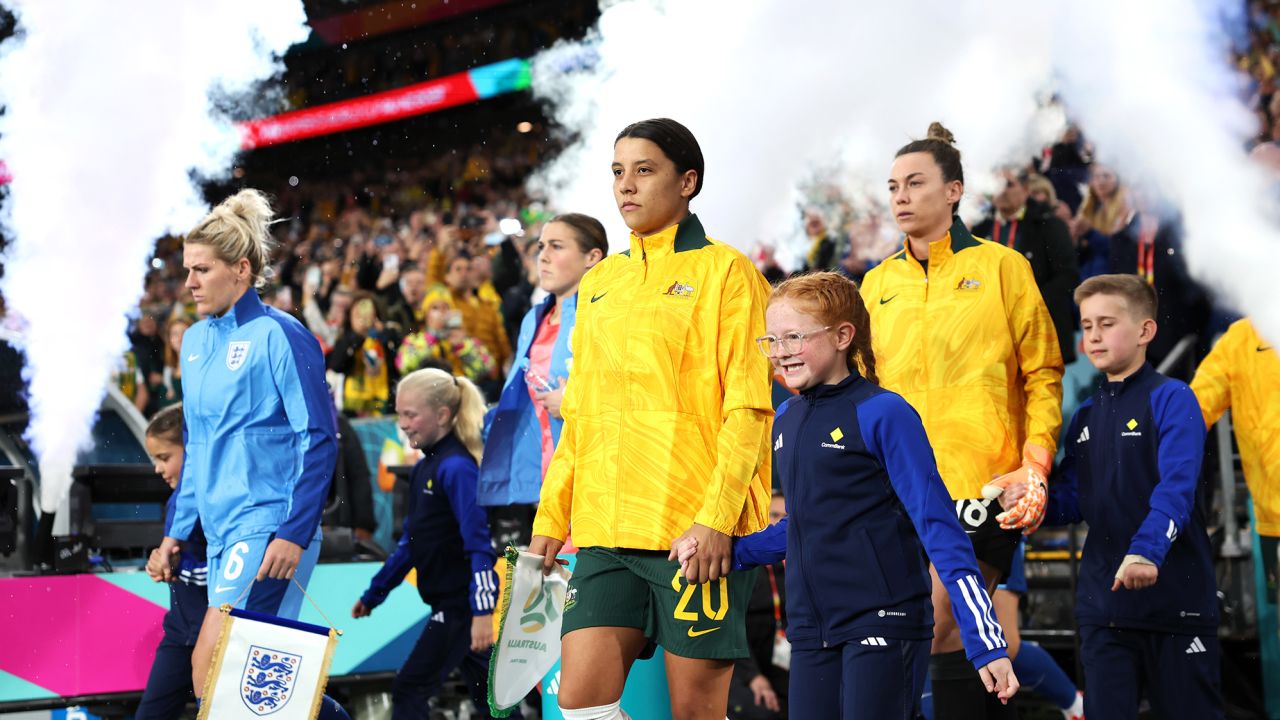 Australia superstar Sam Kerr leads out Australia before its Women's World Cup semifinal match against England in Sydney.
