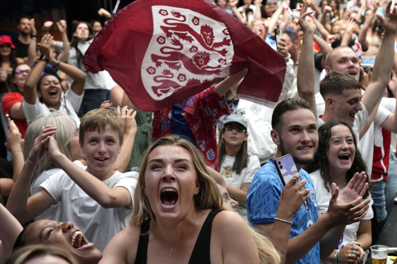 Fans react in London as they watch England advance to the final of the <a href="http://www.cnn.com/2023/07/20/football/gallery/womens-world-cup-2023/index.html" target="_blank">Women's World Cup</a> on Wednesday, August 16. England defeated tournament co-host Australia in the semifinals.