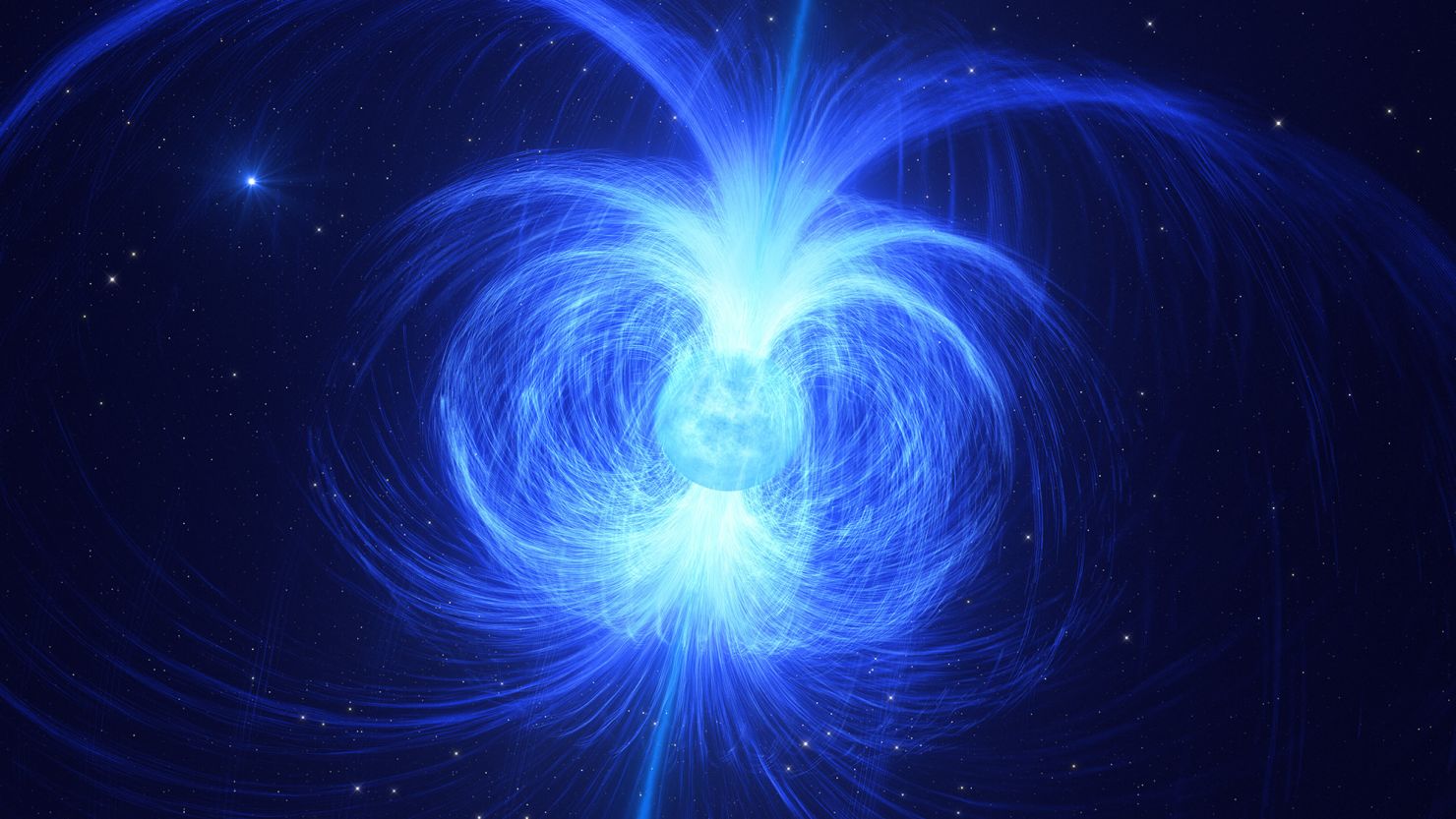 This artist impression shows HD 45166, a massive star recently discovered to have a powerful magnetic field of 43 000 gauss, the strongest magnetic field ever found in a massive star. Intense winds of particles blowing away from the star are trapped by this magnetic field, enshrouding the star in a gaseous shell as illustrated here. Astronomers believe that this star will end its life as a magnetar, a compact and highly magnetic stellar corpse. As HD 45166 collapses under its own gravity, its magnetic field will strengthen, and the star will eventually become a very compact core with a magnetic field of around 100 trillion gauss — the most powerful type of magnet in the Universe. HD 45166 is part of a binary system. In the background, we get a glimpse of HD 45166's companion, a normal blue star that has been found to orbit at a far larger distance than previously reported.