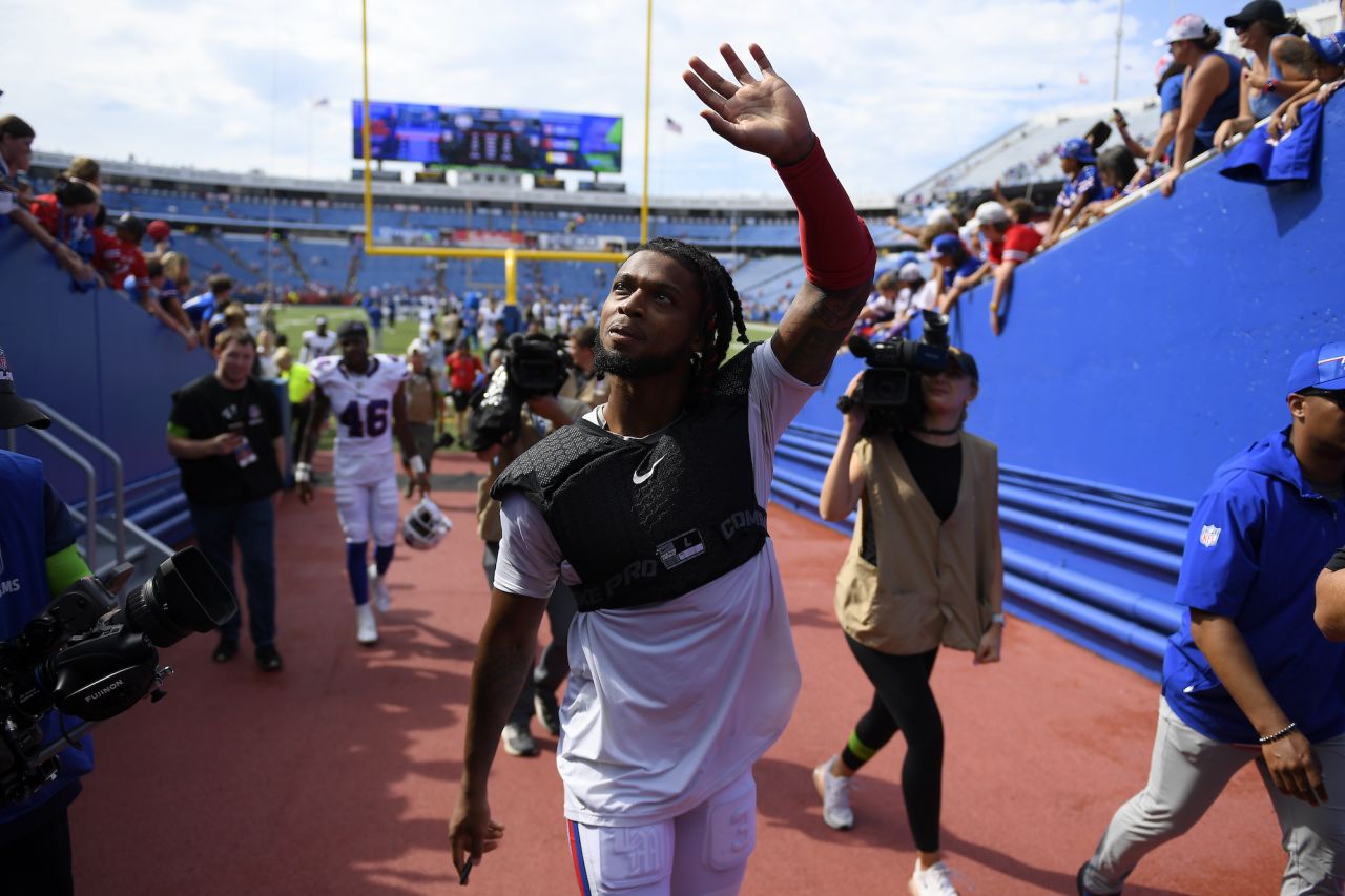 Buffalo Bills safety Damar Hamlin waves to fans after playing in an NFL preseason game on Saturday, August 12. It was <a href="https://www.cnn.com/2023/08/13/sport/damar-hamlin-nfl-first-game-spt-intl/index.html" target="_blank">his first game</a> since he suffered a cardiac arrest on the field in January.