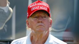 BEDMINSTER, NJ - AUGUST 13:  Former President Donald J. Trump at the first tee during the final round of LIV Golf Bedminster on August 13, 2023 at Trump National Golf Club in Bedminster, New Jersey.  (Photo by Rich Graessle/Icon Sportswire via Getty Images)