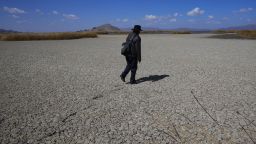 An Aymara man walks on the dry cracked bed of Lake Titicaca, in Huarina, Bolivia, Thursday, July 27, 2023.  The lake's low water level is having a direct impact on the local flora and fauna and is affecting local communities that rely on the natural border between Peru and Bolivia for their livelihood.  (AP Photo/Juan Karita)