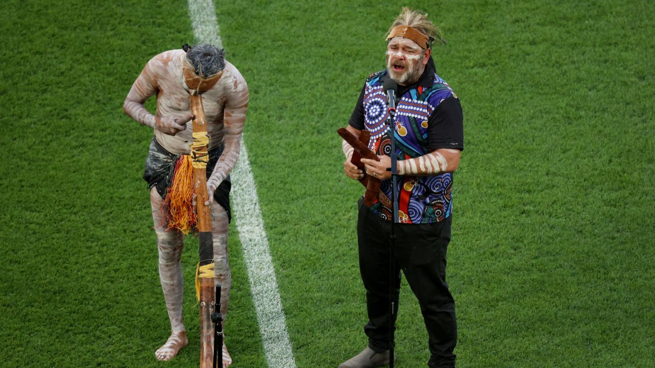The "Welcome to Country" being performed in Brisbane/Meanjin before a World Cup game