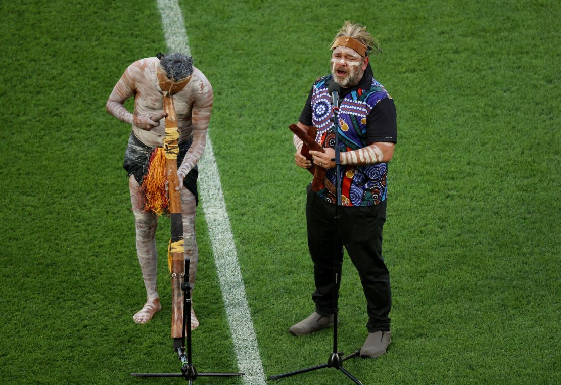 The "Welcome to Country" being performed in Brisbane/Meanjin before a World Cup game