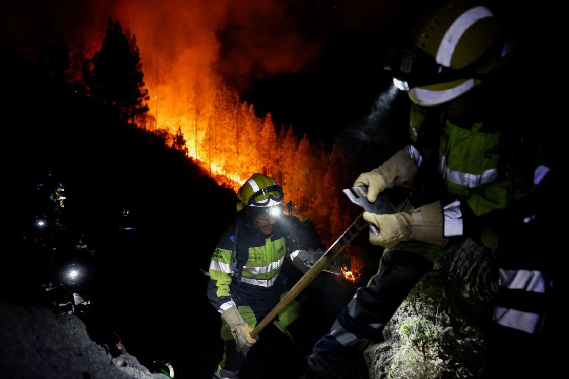 Forest firefighters work during to extinguish a forest fire in Arafo on the island of Tenerife, Canary Islands, Spain August 16, 2023. 