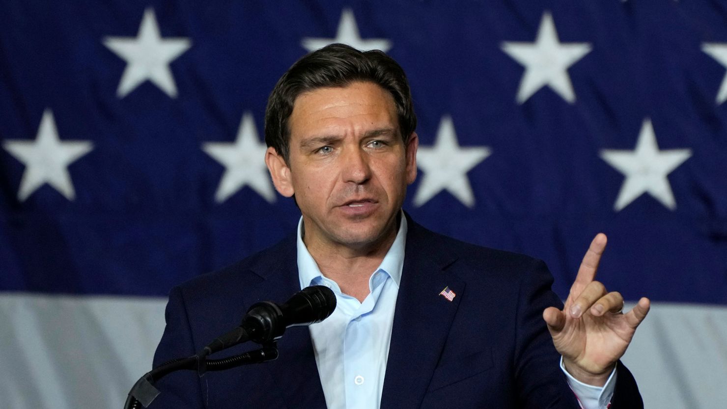 Republican presidential candidate Florida Gov. Ron DeSantis speaks during a fundraising event for Republican Rep. Ashley Hinson of Iowa on August 6, in Cedar Rapids, Iowa. DeSantis passed a law in May restricting transgender access to treatments and bathrooms.