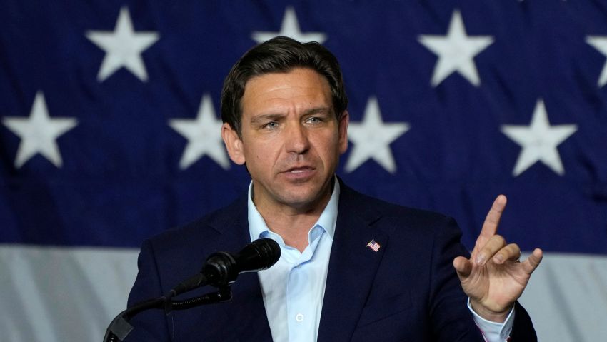 FILE - Republican presidential candidate Florida Gov. Ron DeSantis speaks during a fundraising event for Rep. Ashley Hinson, R-Iowa, Aug. 6, 2023, in Cedar Rapids, Iowa. DeSantis is dismissing concerns about his latest staffing shakeup as he returns to Iowa in the midst of a weekslong campaign reset.  (AP Photo/Charlie Neibergall, File)