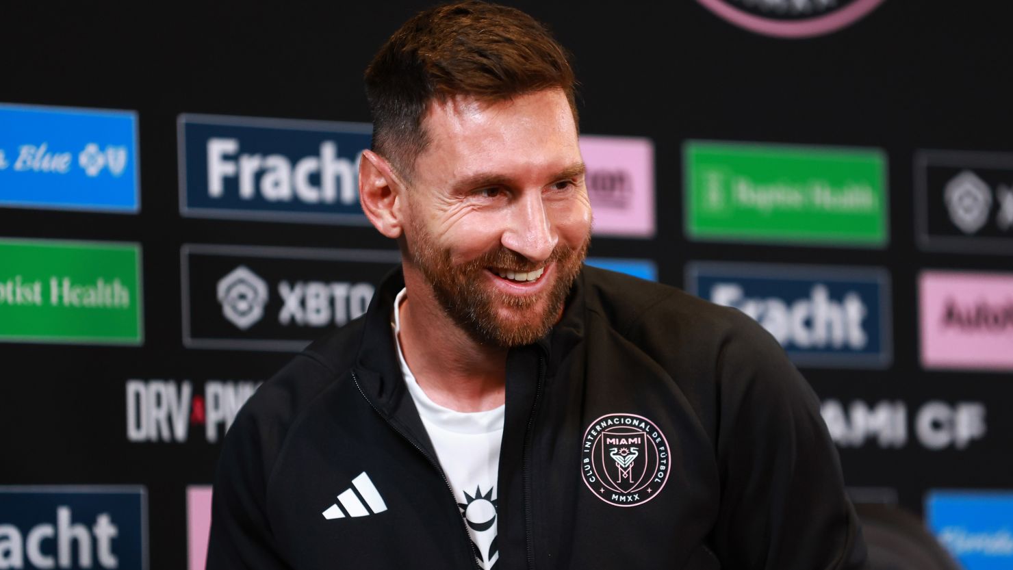 FORT LAUDERDALE, FLORIDA - AUGUST 17: Lionel Messi #10 of Inter Miami CF reacts during a press conference at DRV PNK Stadium on August 17, 2023 in Fort Lauderdale, Florida. (Photo by Megan Briggs/Getty Images)