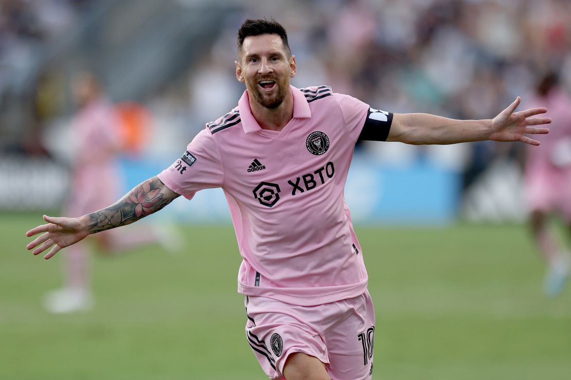 CHESTER, PENNSYLVANIA - AUGUST 15: Lionel Messi #10 of Inter Miami CF celebrates after scoring a goal in the first half during the Leagues Cup 2023 semifinals match between Inter Miami CF and Philadelphia Union at Subaru Park on August 15, 2023 in Chester, Pennsylvania. (Photo by Tim Nwachukwu/Getty Images)